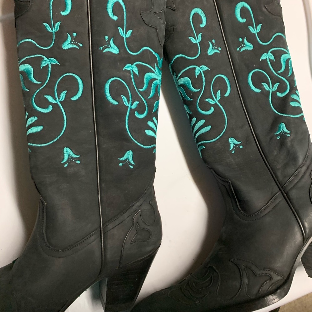 Gorgeous black and teal boots by Lane Handcrafted